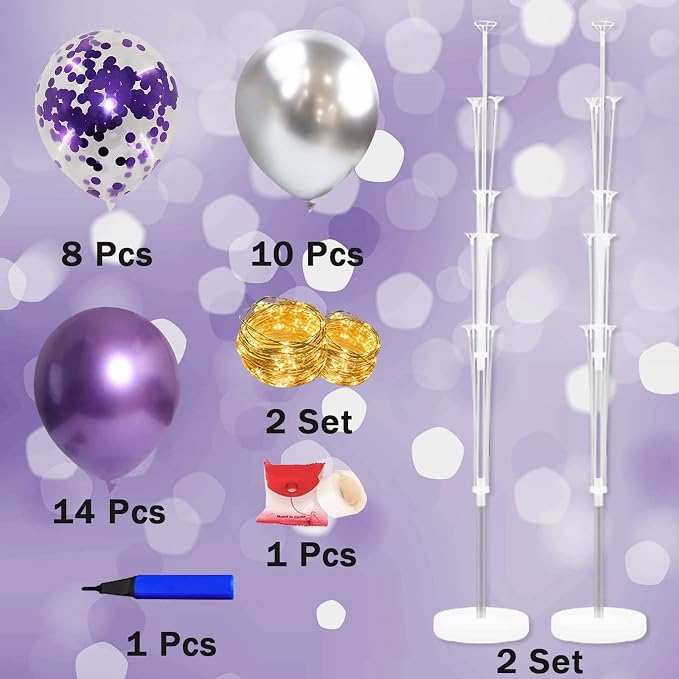 Cicicooie 2 Set Floor Balloon Stand Kit with String Light Balloon Holder Centerpieces Floor Decoration for Birthday Party Bachelorette Party (Purple&Silver)