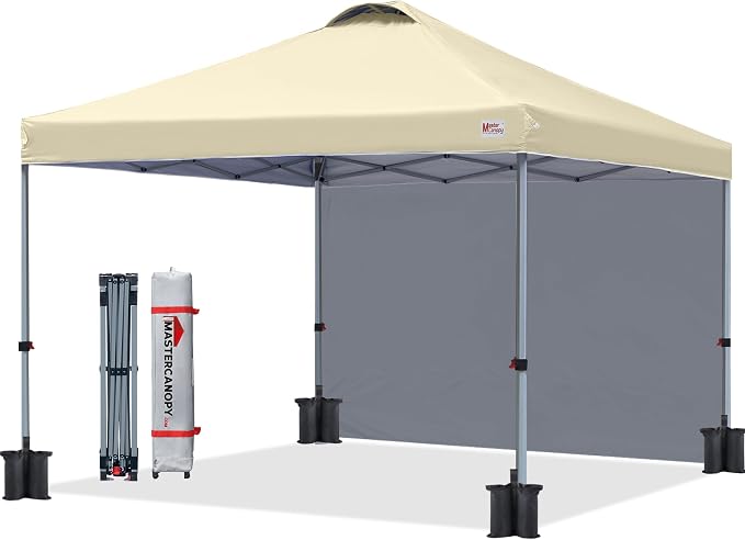 MASTERCANOPY 10x10 Pop Up Canopy Tent with 1 Sidewall, 1 Person Setup Instant Shelter, Outdoor Portable Beach Canopy, 1 Roller Bag, 4 Sandbags, 4 Ropes, 8 Stakes (10x10, Beige)