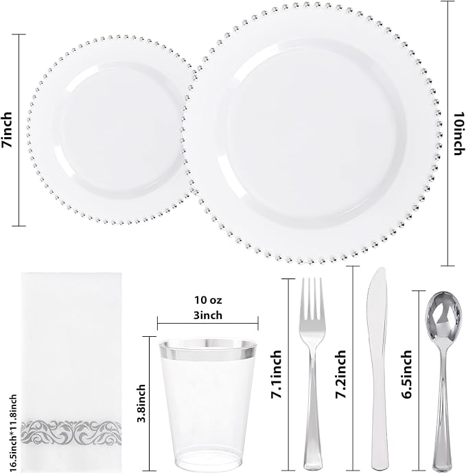 LIYH 350 Pcs Plastic Dinnerware Set for 50 Guests - White Silver