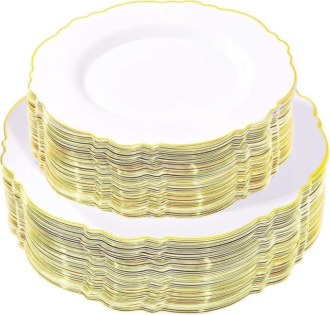 WDF 100pcs Gold Plastic Plates - High-end Baroque Design - Heavy Duty White &Gold Wedding Plates Set Ideal for Party/Wedding/Birthday