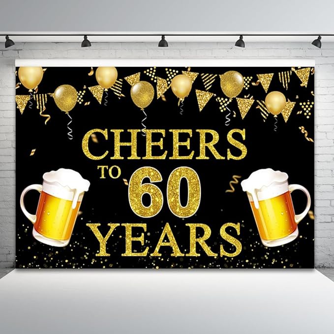 6x4ft 60th Birthday Backdrop Cheers to 60 Years Photography Background Golden Balloon Flag Beer Men Women 60th Birthdays Party Banner Decorations Anniversary Parties Photo Booth Prop