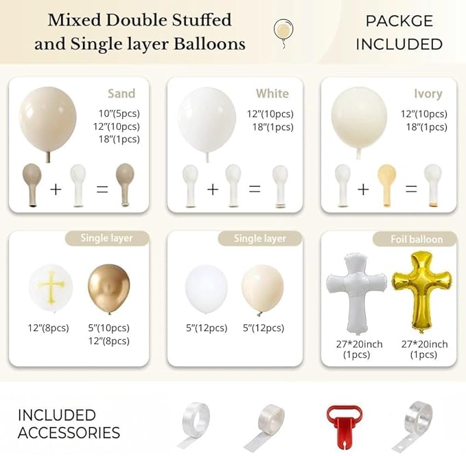 Neutral Baptism Balloon Decoration Kit with 2 Cross Foil Balloons, Double Stuffed Sand White Ivory Gold Balloon Arch Garland for First Holy Communion, Christening, God Bless Party Supplies