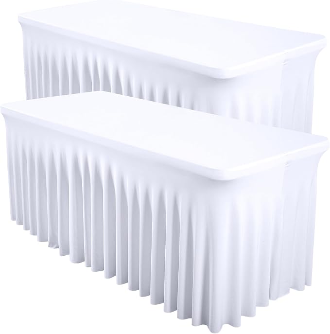 Shillance 2 Packs White Spandex Table Covers 4 Foot, Fitted Stretch Table Cloth with Skirts 48x24 Inch, Wrinkle-Free Floor Length Rectangle Tablecloths for Weddings Parties Banquets Events