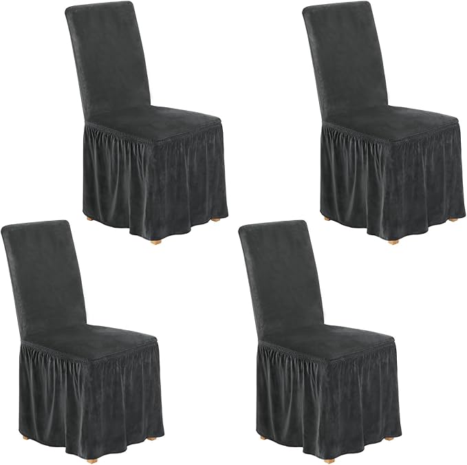 NICEEC Spandex Chair Covers for Dining Chairs Covers Set of 4 Removable Dining Room Chair Covers with Skirt Parson Chair Slipcovers Washable Chair Protector for Kitchen Wedding Party Banquet(Grey)