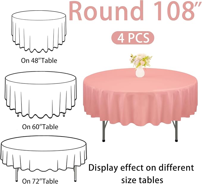 4 Pack 108 Inch Round Tablecloth Polyester Washable Table Covers for Wedding Dining Table Buffet Parties Banquet Decor（Dusty Rose）