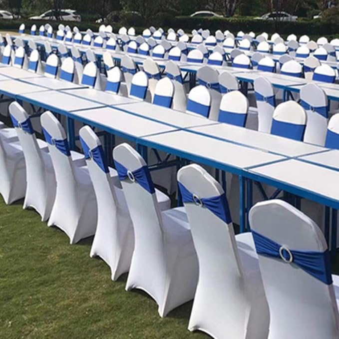 Spandex Royal Blue Chair Sashes 50 Pack for Wedding, Elastic Stretch Chair Bands with Buckle Slider, Chair Bows for Party, Without White Chairs Covers