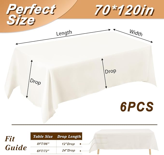 Fixwal 6 Pack Ivory 70 x 120 Inch Rectangle Tablecloths, Reusable Heavy Duty Washable Polyester Table Covers for 6-8 Ft Tables, Wedding, Bridal Shower, Boho Party