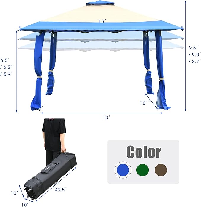 Tangkula 13 x13Ft Pop-Up Gazebo, Outdoor Canopy Shelter Tent w/ 2-Tier Roof, Corner Curtains & 3 Adjustable Heights, Patio Gazebo with 169 Sq.Ft of Shade for Yard, Patio, Beach & Park (Blue)