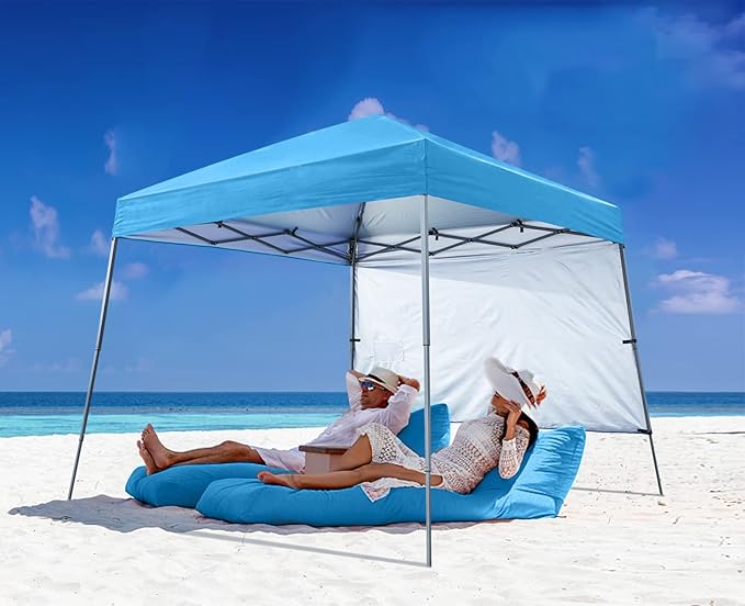 ABCCANOPY Outdoor Pop Up Canopy 10x10 Beach Camping Canopy with 1 Sun Wall, Bonus Backpack Bag, Stakes and Ropes, Sky Blue