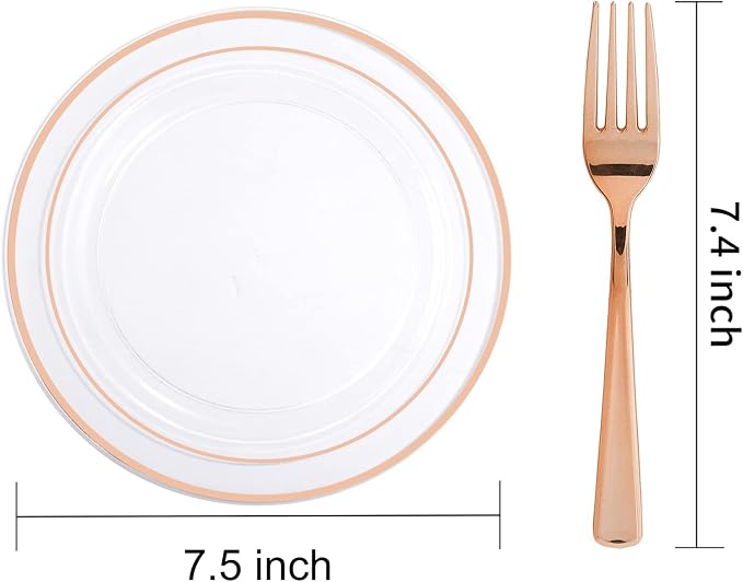 I00000 72 Pcs Rose Gold Plastic Dessert Plates7.5& 72 Pcs Plastic Forks7.4, Premium Salad Plates, Heavy Duty Disposable Plate for Party,Disposable Appetizer Plates Great for Wedding