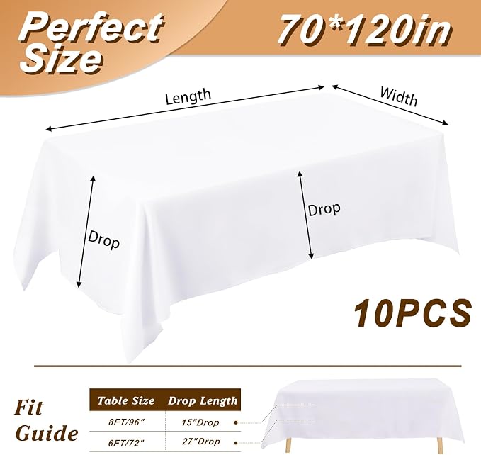 Fixwal 10 Pack White 70 x 120 Inch Rectangle Tablecloths, Reusable Heavy Duty Washable Polyester Table Covers for 6-8 Ft Tables, Wedding, Party Picnic, Camping
