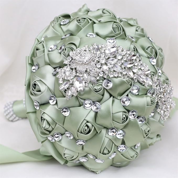Wedding Bridal Bouquet with Silver Brooch Bling Rhinestone for Bride Bridesmaid Quinceanera Satin Rose Flower Bouquet Wedding Sage Green 7.1in