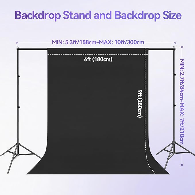 EMART 7 x 10 ft Adjustable Photo Backdrop Stand Kit with 9 x 6ft Portable Black Backdrop Screen, Background Holder Support System Kit for Photography, Party, Live Game, Interviews, YouTube, TIK Tok