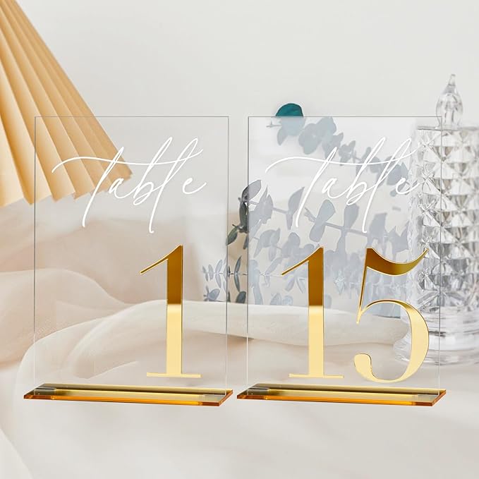 Acrylic Wedding Table Numbers 1-15 with Stands, 5"x7" Clear Acrylic Signs with 3D Gold Mirror Numbers, Clear and Gold 3D Table Numbers for Wedding Reception, Anniversary, Event
