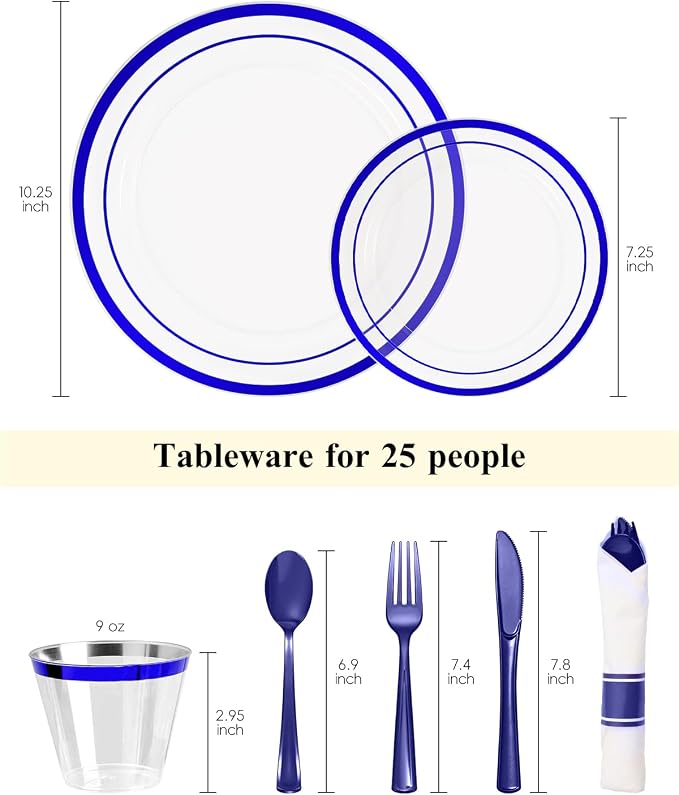 Goodluck 175 Pcs Clear Blue Disposable Plastic Plates Party Supplies | Plate Sets Include 50 Plastic Plates, 25 Pack Pre Rolled Napkins With Silverware, 25 Cups For Party, Wedding, Graduation