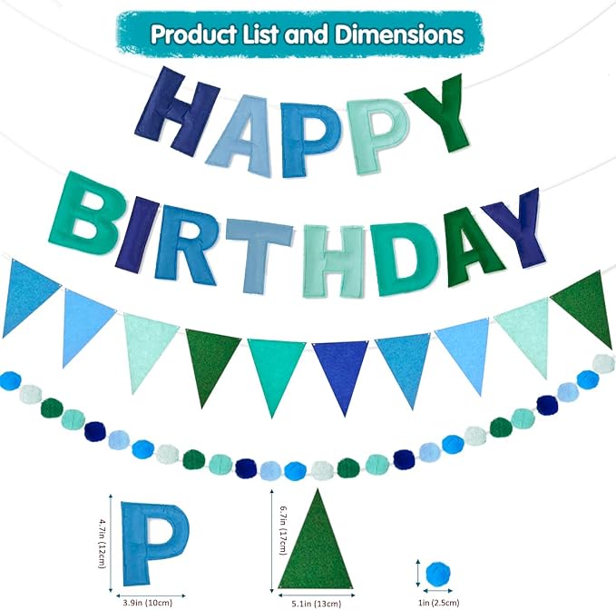 Pre-Strung 3D Happy Birthday Banner, 3 PCS Felt Reusable Birthday Decorations Set with Happy Birthday Letter Banners, Pom Pom Garland, Triangle Fabric Bunting, Blue Green Party Decor Sign Photo Prop
