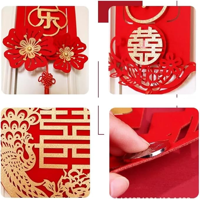 6PCS Chinese Wedding Decoration Set with Double Happiness Couplets - Chinese Style Wedding Theme for Door and Wall, Symbolic Cultural Significance, Bride and Groom, Special Party Decoration
