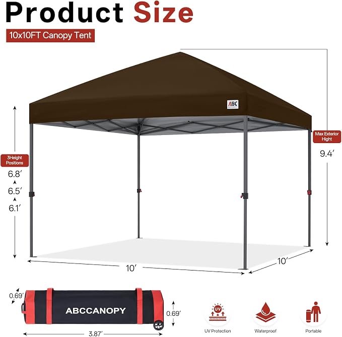 ABCCANOPY 10x10 Pop Up Canopy Tent, Easy Setup Instant Shelter with Wheeled Bag, Heavy Duty Outdoor Canopy for Beach, Market, Backyard, UV Protection, Outdoor Weather Protection (Brown, 10x10)
