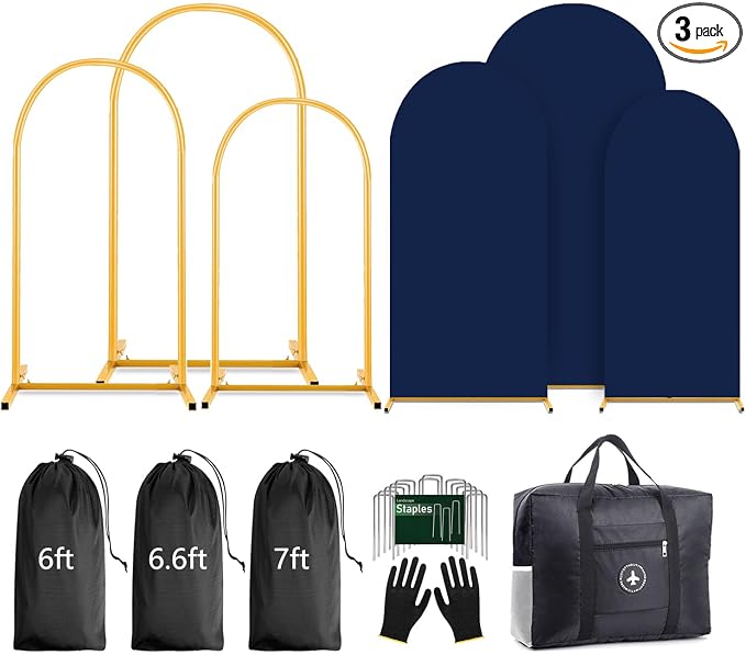 Arch Backdrop Stand and Cover Set (7.2ft,6.6ft,6ft) Metal Arch Frame Stand Gold with Navy Blue Cover for Wedding Birthday Party Baby Shower with Storage Bag(Navy Blue, 7.2FT+6.6FT+6FT)