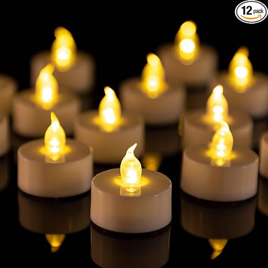 PUNPUBA LED Tea Lights Flameless Candles: 12Pack Battery Operated Candle Realistic and Bright Flickering Holiday Gift Long Lasting 200Hours for Seasonal & Festival Celebration WarmYellow
