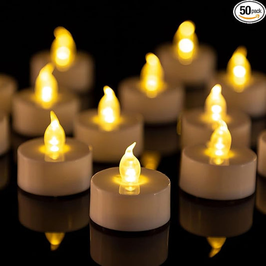 PUNPUBA LED Tea Lights Candles- 50Pack Flameless Candles Realistic and Bright Flickering Long Lasting 200Hours for Holiday Celebration,Party, Home Decoration WarmYellow,Battery Operated