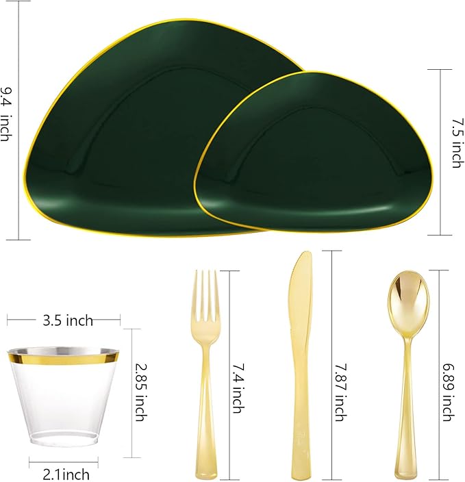 DaYammi 180Pcs Green Plastic Plates, Green Gold Disposable Plates with Gold Silverware Dinnerware Set Include: 30 Dinner Plate,30 Dessert Plate,90 Plastic Cutlery,30 Cups for Party Dinner Wedding
