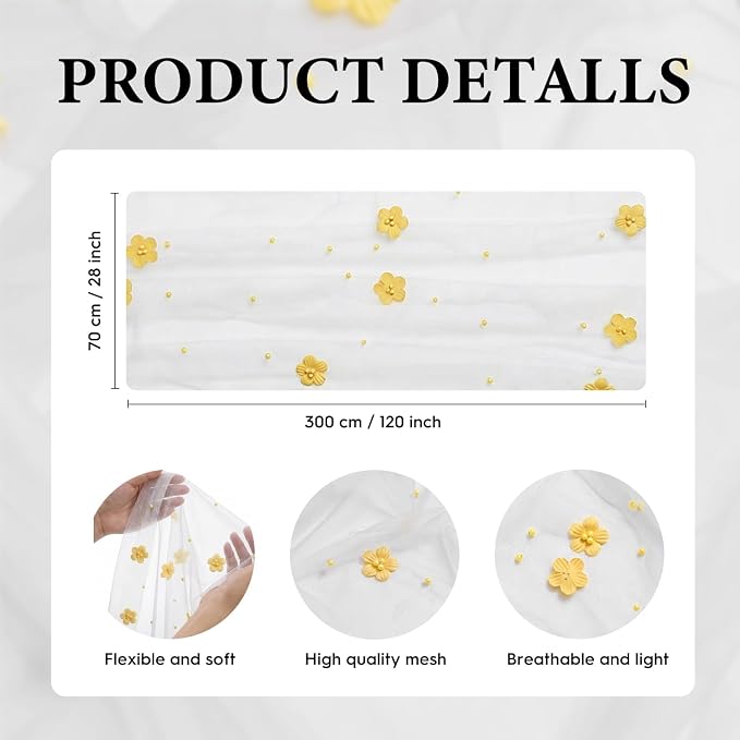 Artoid Mode Yellow Flower Pearl White Gauze Table Runner 10FT, Seasonal Sheer Dining Holiday Wedding Birthday Baby Shower Table Decor for Home Party