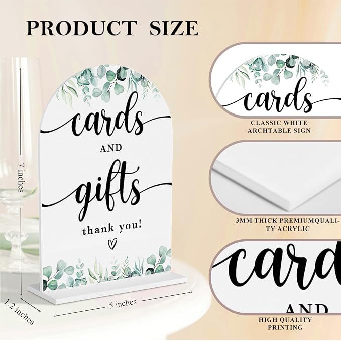 4 Pcs Acrylic Wedding Signs for Reception, Bridal Shower Decorations, Cards and Gifts Signs, Guest Book Sign, Arch Acrylic Table Top Sign with Holder for Wedding Reception (White Eucalyptus Leaves)