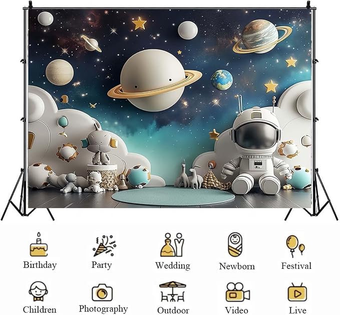 Outer Space Universe Astronaut Birthday Party Decor Backdrop Boy 1st Birthday Balloons Party Photography Background Boy Girl Baby Shower Background Studio Props (7x5feet)