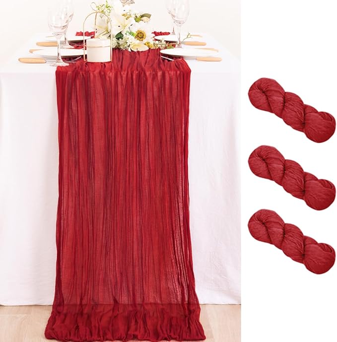 MLMC 3 Pack Red Table Runner Boho Rustic Gauze Cheesecloth Table Runner Sheer Cheese Cloth Centerpiece Decor 35x120 Inches for Wedding Reception Annniversary Decor