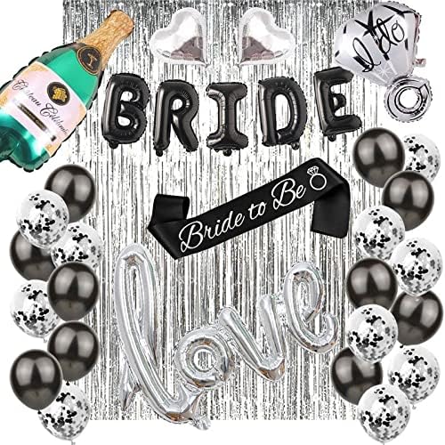Bachelorettesy 28pc Bachelorette Party Decorations Kit for Bride to Be, Bridal Shower Decorations, Engagement Party – Balloons, Sash, Foil Backdrop Curtain (Black)