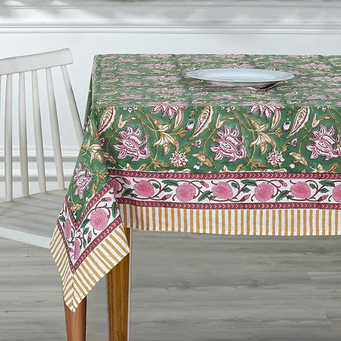 Ridhi Viridian Green Hand Block Print Cotton Rectangle Tablecloth 108" x 70" inches Reusable Table Cover Decorative Everyday Use for Dining Room, Farmhouse, Home Gift for Spring, Mother's Day