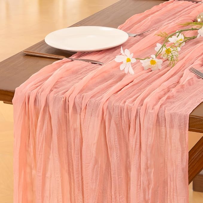 Socomi 6pcs Coral Peach Summer Cheesecloth Table Runner Boho Rustic Gauze 120 inch 10FT Cheese Cloth Sheer Runner for Wedding Party Baby Shower Birthday Home Decor Holiday Decorations
