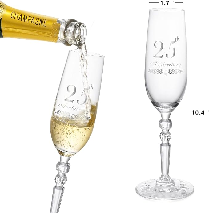 25th Anniversary Decorations Gifts for Couple, Classical Style 25th Wedding Anniversary Champagne Flutes Glasses, Crystal Champagne Glasses Set of 2, Gifts for husband, wife, Couple