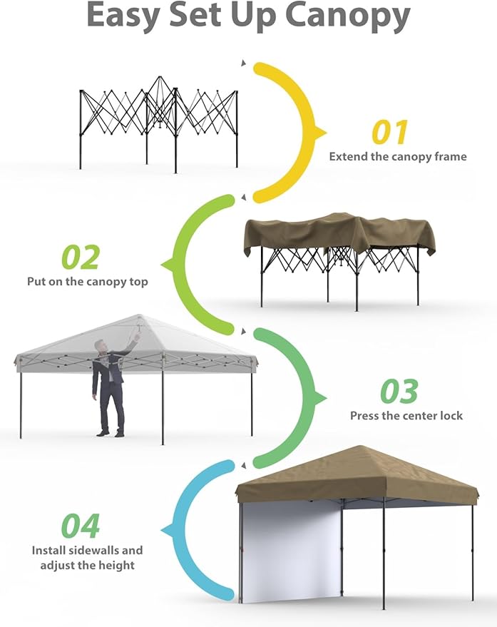 GarveeLife 10x10 Pop Up Canopy with One Sidewalls Easy Up Camping Tent with One Button Push Setup 1 Roller Bag 3 Adjustable Height 4 Weight Bags (Khaki)