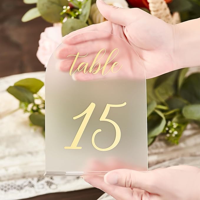 SHINVALE Arch Acrylic Wedding Table Numbers with Gold Foil Font – Frosted Finish, Elegant Modern Design with Stands, Easy Assembly Table Signs for Weddings, Parties & Events (20, 5" x 7")