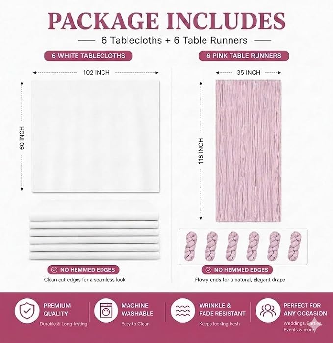 Cinrobiye 12 Pack Boho Wedding Table Decor Set, 6 White Tablecloths and 6 Cheesecloth Table Runners, Gauze Table Runner and Tablecloth Kit for Wedding Baby Shower Bridal Shower Party Reception(Pink)
