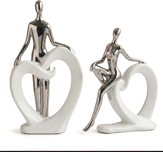 Ceramic Statues Aesthetic Abstract Couple and Heart Sculpture Modern Home Decor Decorative Statue for Living Room Bedroom Bookshelf Table Centerpiece Office (White and Silver)