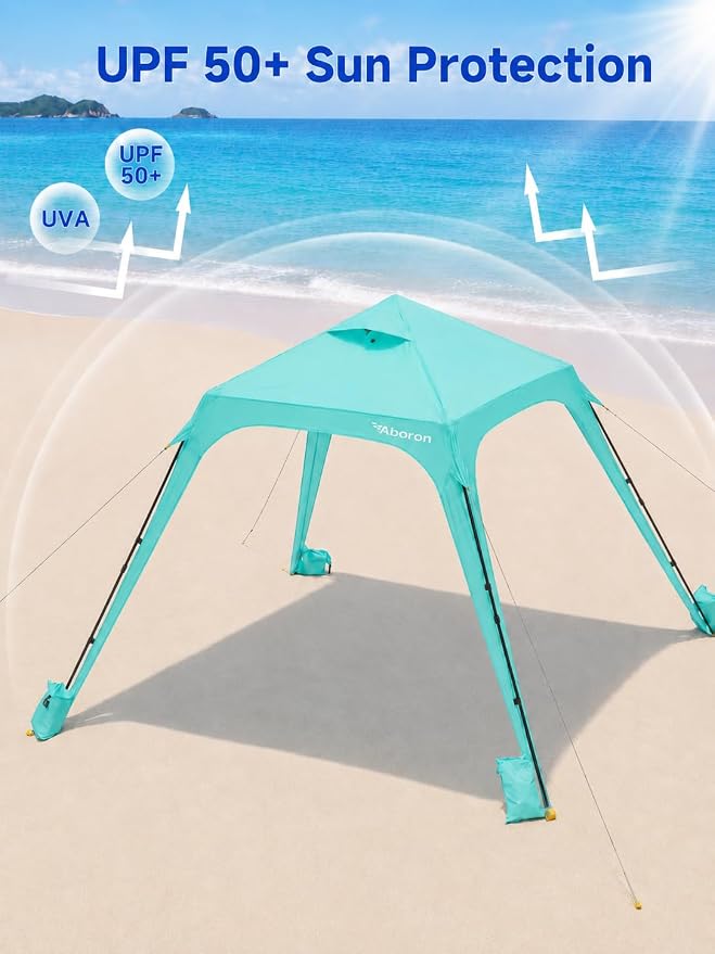 Slsy Beach Tent 10 x 10 FT, Beach Shelter with Removable Side Wall, UPF 50+ Sun Protection Canopy Cabana, Easy Setup Shade with Sandbags, Stakes & Guy Lines, Wind Resistant, Fits 6-8 People