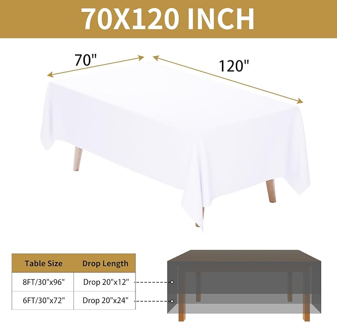 Fixwal 3 Pack White 70 x 120 Inch Rectangle Tablecloths, Reusable Heavy Duty Washable Polyester Table Covers for 6-8 Ft Tables, Wedding, Party, Birthday, Outdoor, Camping