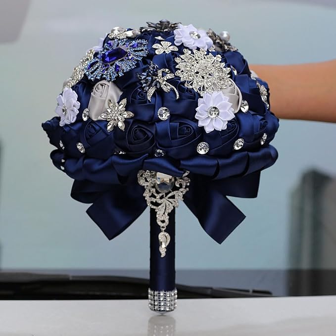 Navy Blue and Silver Grey Bridal Bouquet with Luxury Bling Rhinestone Brooch Wedding Bouquet for Bride Bridesmaid Quinceanera Satin Rose Flower Bouquet Wedding 7.1in