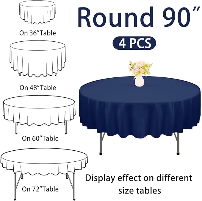 4 Pack Round Tablecloth 90 Inch Polyester Navy Blue Washable Fabric Table Covers for Wedding Dining Table Buffet Parties Banquet Decoration（Navy Blue）