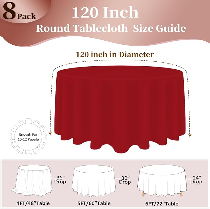 8 Pack Red Round Tablecloth 120 Inch Round Table Cloth, Wrinkle Resistant and Washable Tablecloth Polyester Fabric Table Cloth Round Cover for Dining Wedding Banquet Party