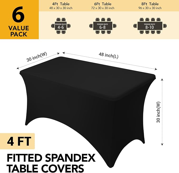 6-Pack Premium Black Spandex Tablecloths for 4ft Rectangle Tables, Stain & Wrinkle-Resistant, Washable Stretch Polyester Fitted Table Cover for Weddings, Banquets, Trade Shows Events