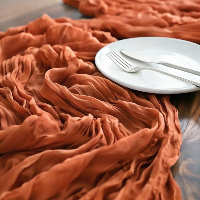 LINXTAR Terracotta Cheesecloth Table Runner 120 Inches 10Ft Gauze Summer Boho Table Runner for Wedding Tea Party Baby Shower Bridal Birthday Home Decoration