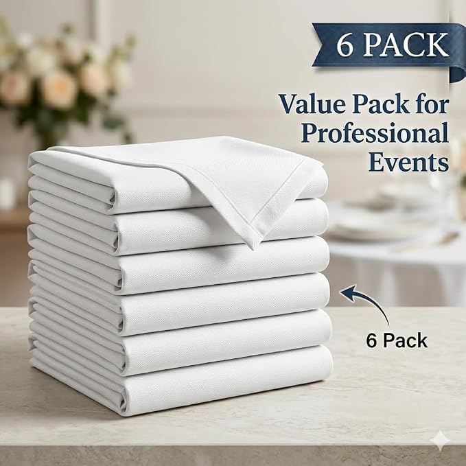 6 Pack White Round Tablecloths 120 inch -Polyester Table Covers for 60 inch Circular Tables, Floor Length Drop - Wrinkle & Stain Resistant, Washable for Wedding, Banquet, Party, Events