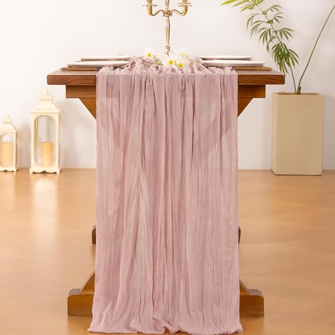 Socomi 2pcs Pink Cheesecloth Table Runner Easter Spring Boho Rustic Gauze Dusty Pink Farmhouse 120 inch 10FT Cheese Cloth Runner for Wedding Party Baby Shower Birthday Home Decor