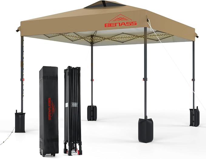 10x10 Pop Up Canopy, Easy Up Canopy Tent, Heavy Duty Tents for Parties, One Person Easy Set Up Event Tent, Khaki