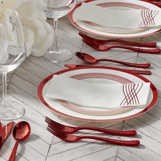 By Madee HEAVYWEIGHT 175 Pc White and Red Disposable Dinnerware Set – Fancy Plastic Plates for Party, Wedding & Bridal Shower (Serves 25)