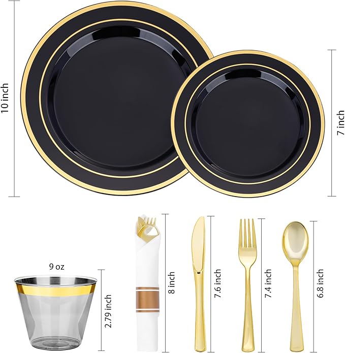 realluck 350 PCS Black Plastic Dinnerware Set for 50 Guests, 100 Disposable Plates for Party, 50 Pre Rolled Napkins with Gold Silverware, 50 Cups for Graduation